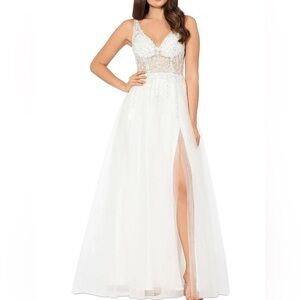 BLONDIE NITES Corset-style Mesh Line Sleeveless Dress Rhinestone Sheer ivory